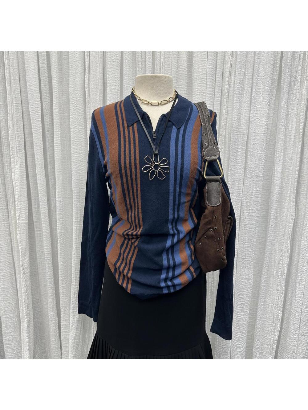 Retro Academia Navy Blue Brown Striped Polo Top (S)